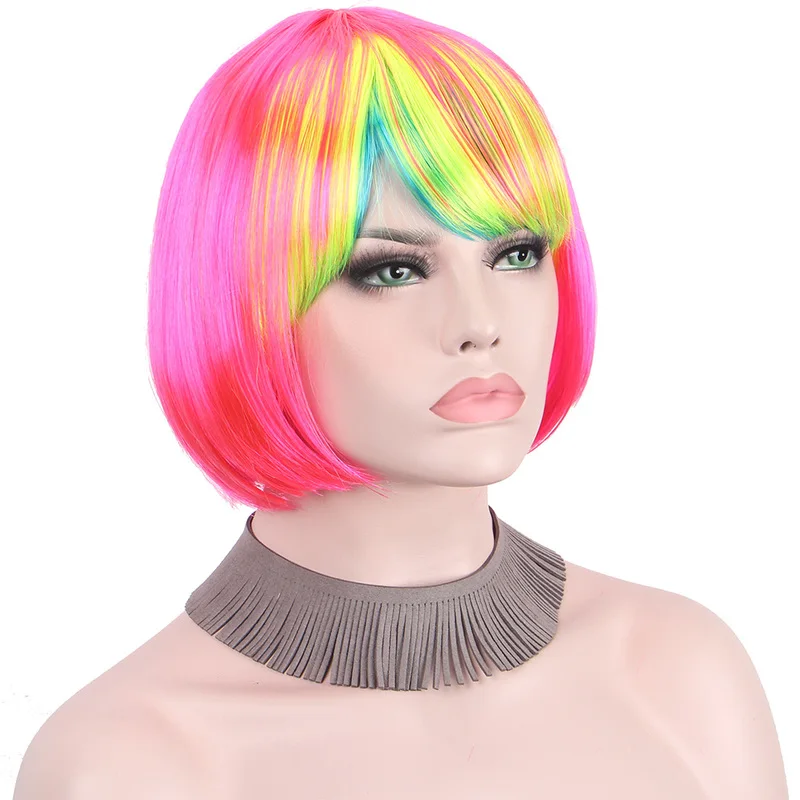 

Short Wig Cosplay Wigs for Women with colorful Bangs Middle Part Shoulder Length Anxin Synthetic Wigs