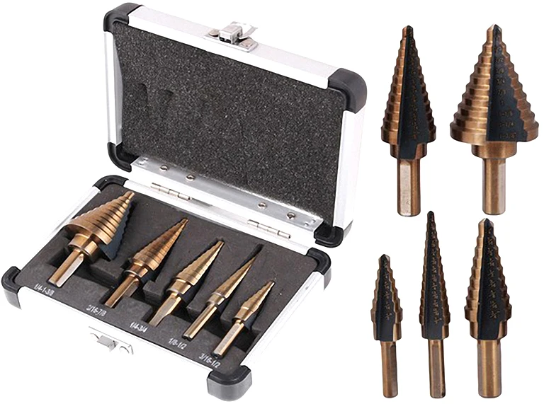 

5pcs/Set HSS COBALT MULTIPLE HOLE 50 Sizes STEP DRILL BIT SET With Aluminum Case Arrival High Quality
