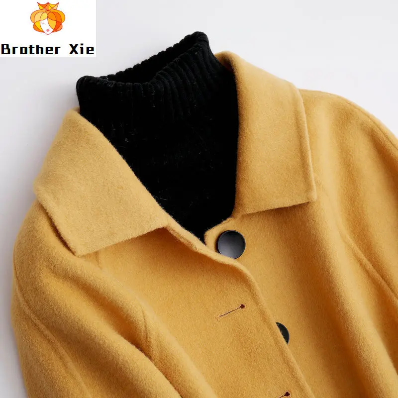 

edition yellow double-sided cashmere coat in the long winter of 2020 new female doll cloth coat collar high-end loose