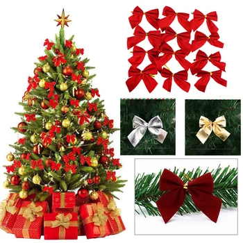 

12pcs/set 6cm Christmas Bows Hanging Decorations Gold Silver Red Bowknot Tree Ornaments New Year Wedding Party Decor
