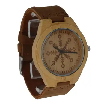 

New Bamboo Case Snowflake Design Pattern Quartz Wristwatches Leather Band