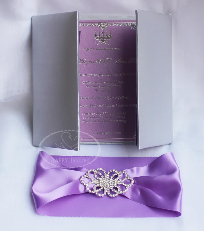 HI2003-92 Custom Silk Folder Invitation with Silver Foiling for Silver&Lilac Wedding More Colors Available Made in China