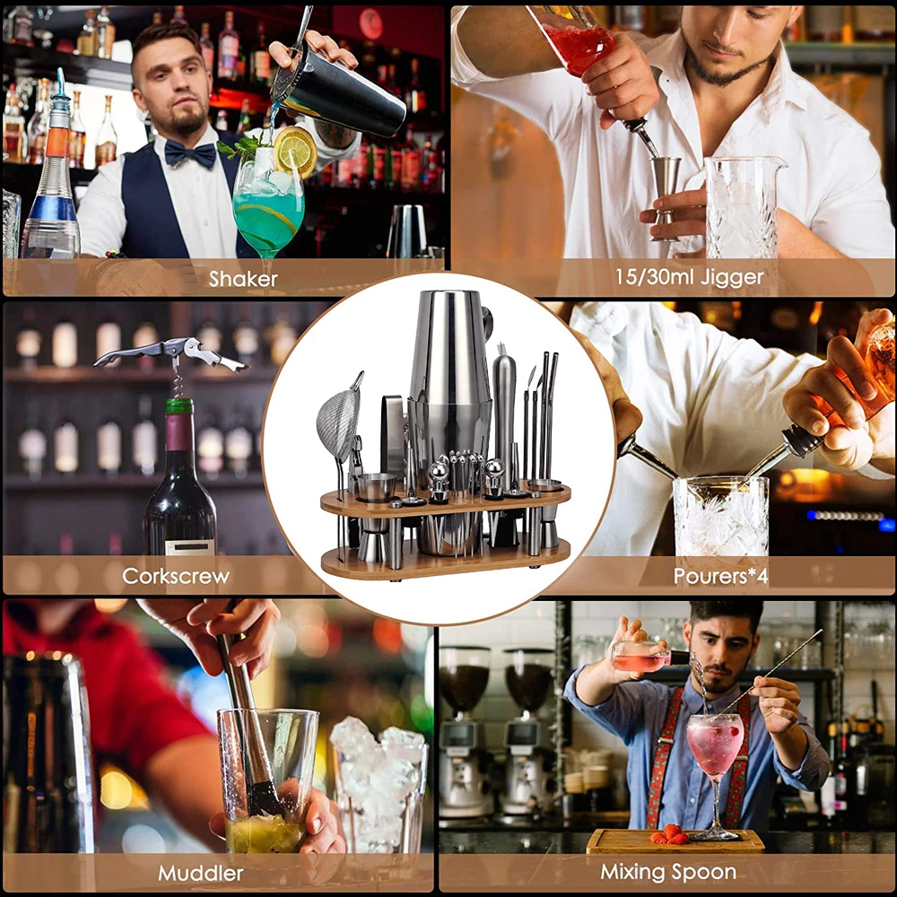 Cocktail Shaker 23-Piece Cocktail Shaker Set Bartender Kit with Oval Bamboo Stand Detachable Home Bar Tools Stainless Steel