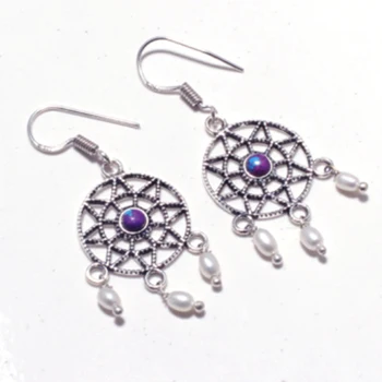 

Genuine Purple Turquoise + Pearl Silver Overlay on Copper Earrings , Hand made Women Jewelry Gift, E5418