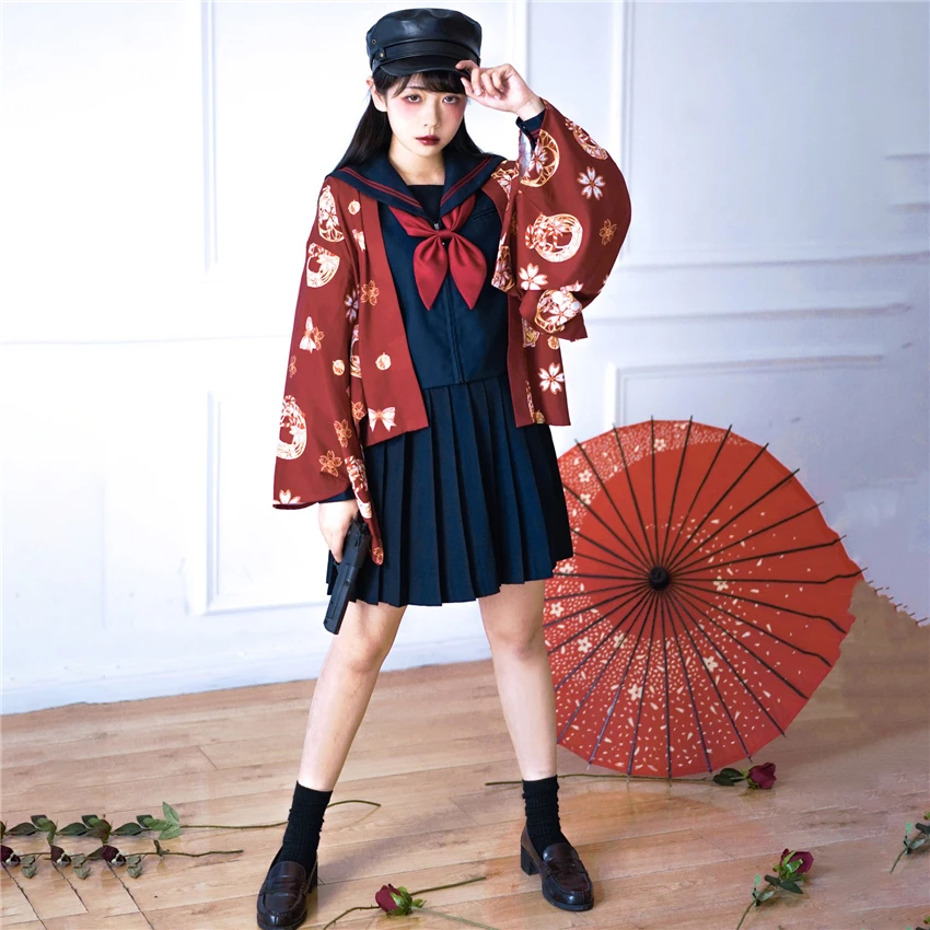 Japanese Style Haori Kimono Dress Bushido Traditional Japan Anime Cosplay School Uniform Yukata Gothic Kawaii Girls Costume