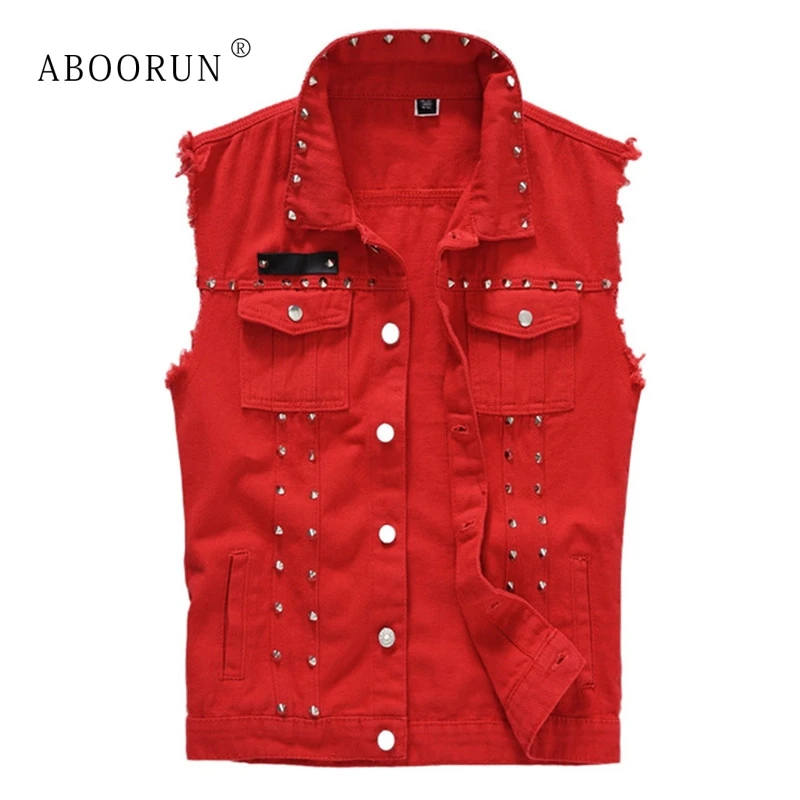 ABOORUN Punk Men's Denim Vest Black Rivets Slim fit Waistcoat Plus Size 5XL Sleeveless Jacket Streetwear for Male YC1346 | Мужская