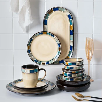 

Japanese-style Bowl and Plate Combination Ceramic Tableware Sets Noodle Soup Bowl Western Food Steak Dish Dinner Plates