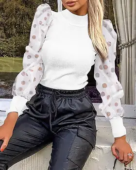 

Mock Neck Polka Dot Puff Sleeve Top Mesh Insert Ribbed Long Sleeve T Shirt Women