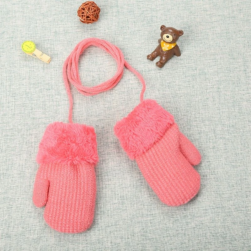 Winter Outdoor Baby Boys Girls Knitted Gloves Warm Rope Full Finger Mittens Gloves for Children Hanging neck Kids