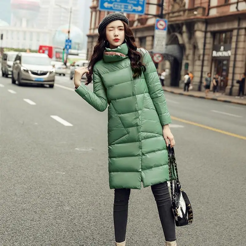 Green FTLZZ, зимнее женское двухстороннее пальто из 90% белого утиного пуха, ультра-светильник, Длинная женская верхняя одежда с высоким воротом, теплые парки, зимние парки - Цвет: Green