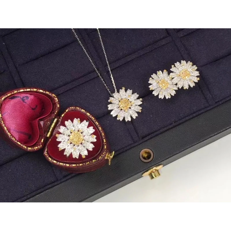 

Aazuo 18K White Gold Jewelry Sets Real Yellow Diamonds Flower Daisy Ring Necklace Earring For Women Engagement Wedding
