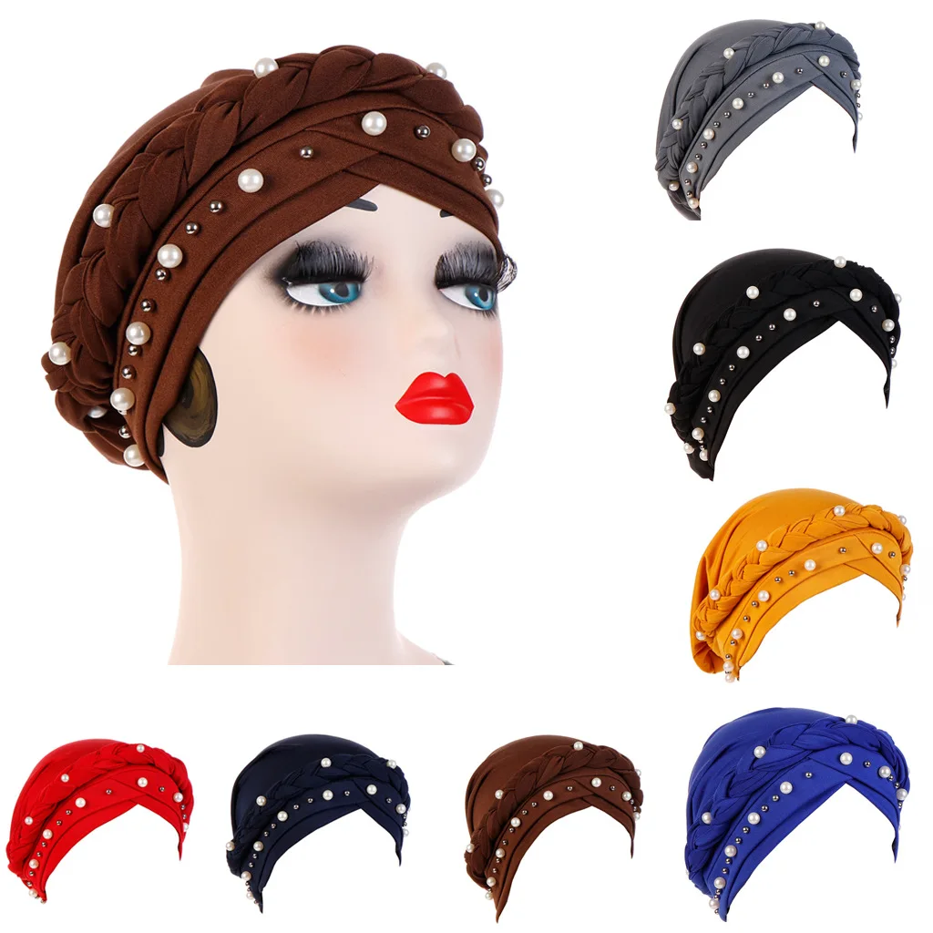 

Europe And America Multi-color Turban Hat Qmilch Single Braid Beads Muslim Toque Solid Color Set of Head Cap Currently Available