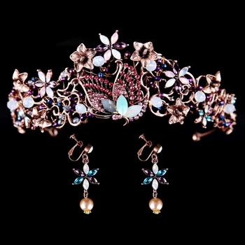 

New Fashion Europe and America Vintage Style Royal Queen Crowns Crystal Crown Earrings Set Wedding Head Accessories Jewelry