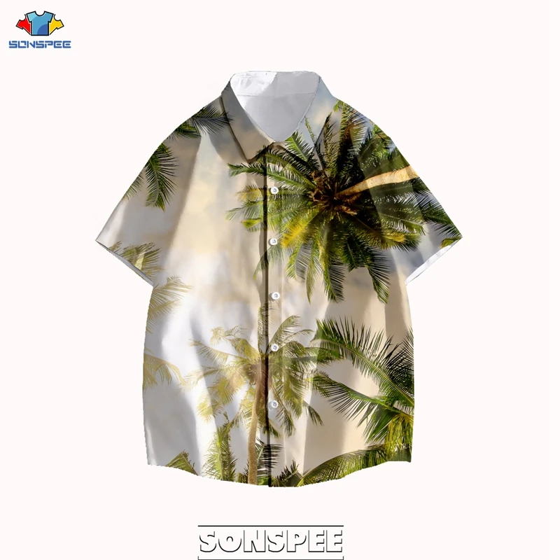 

SONSPEE Summer Hawaiian Beach Shirt Men Fashion Palm Tree Printed Loose Short Sleeve Casual Hip Hop Buttons Men Shirt Clothing