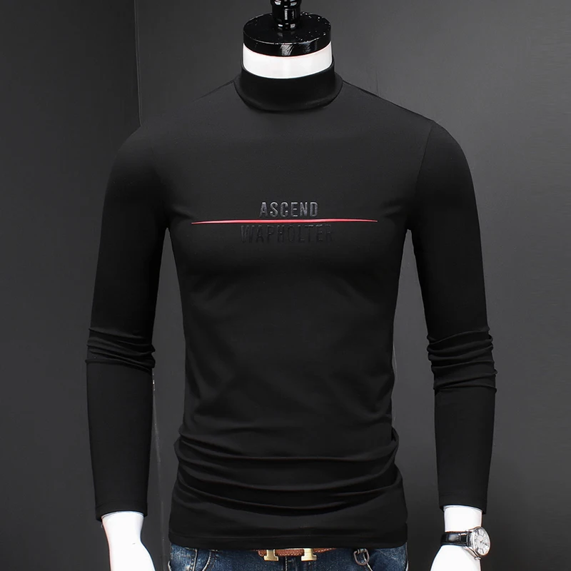 

Men Fashion Printed Long Sleeve T-shirts Autumn Winter Half Turtleneck Black Tshirt Stretch Cotton Modal T Shirt