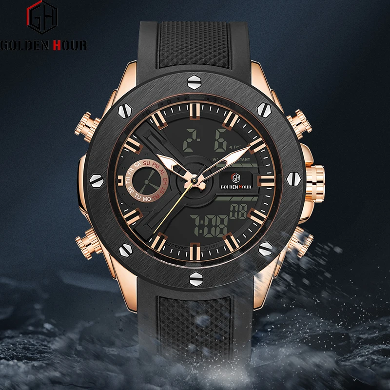 

Relojes Para Hombre GOLDENHOUR Fashion Sport Men Wristwatch Automatic Digital Army Military Man Watch Dual Display Male Clock