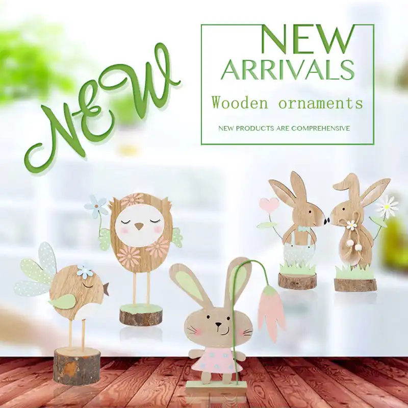 Bonito animal de madeira artesanato coelho da páscoa hogar fada jardim neko estatuetas miniatura festa decoração para casa acessórios