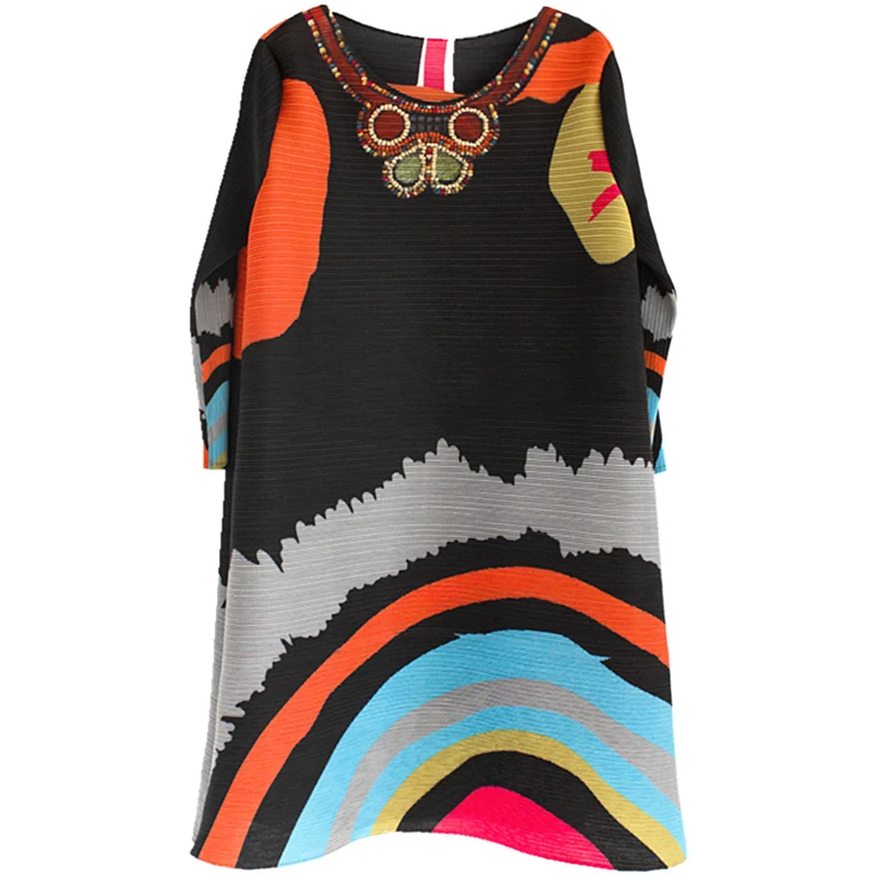 

2019 Temperament High Quality Pleated Dresses For Women Summer New Personality Printing Round Collar Loose Clothes R568