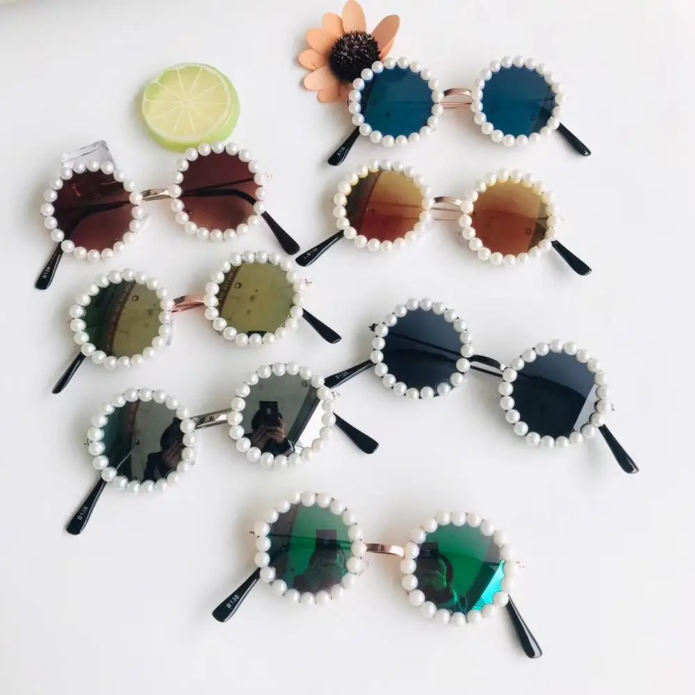 1PC Brand Kids Sunglasses Metal Round Pearl Girls Childrend Sun Glasses Gafas De Sol UV400 Gray Pink Red Lens Fashion