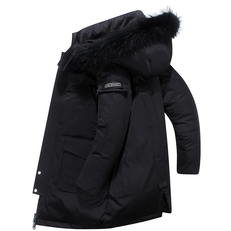 Мужская зимняя куртка на белом утином пуху с воротником из натурального