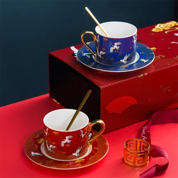 

Top-Grade Coffee Cup Caucer Spoon Set Creative Chinese Style Coffee Cup Home Party Afternoon Tea Teacup Bone China Vintage Gifts