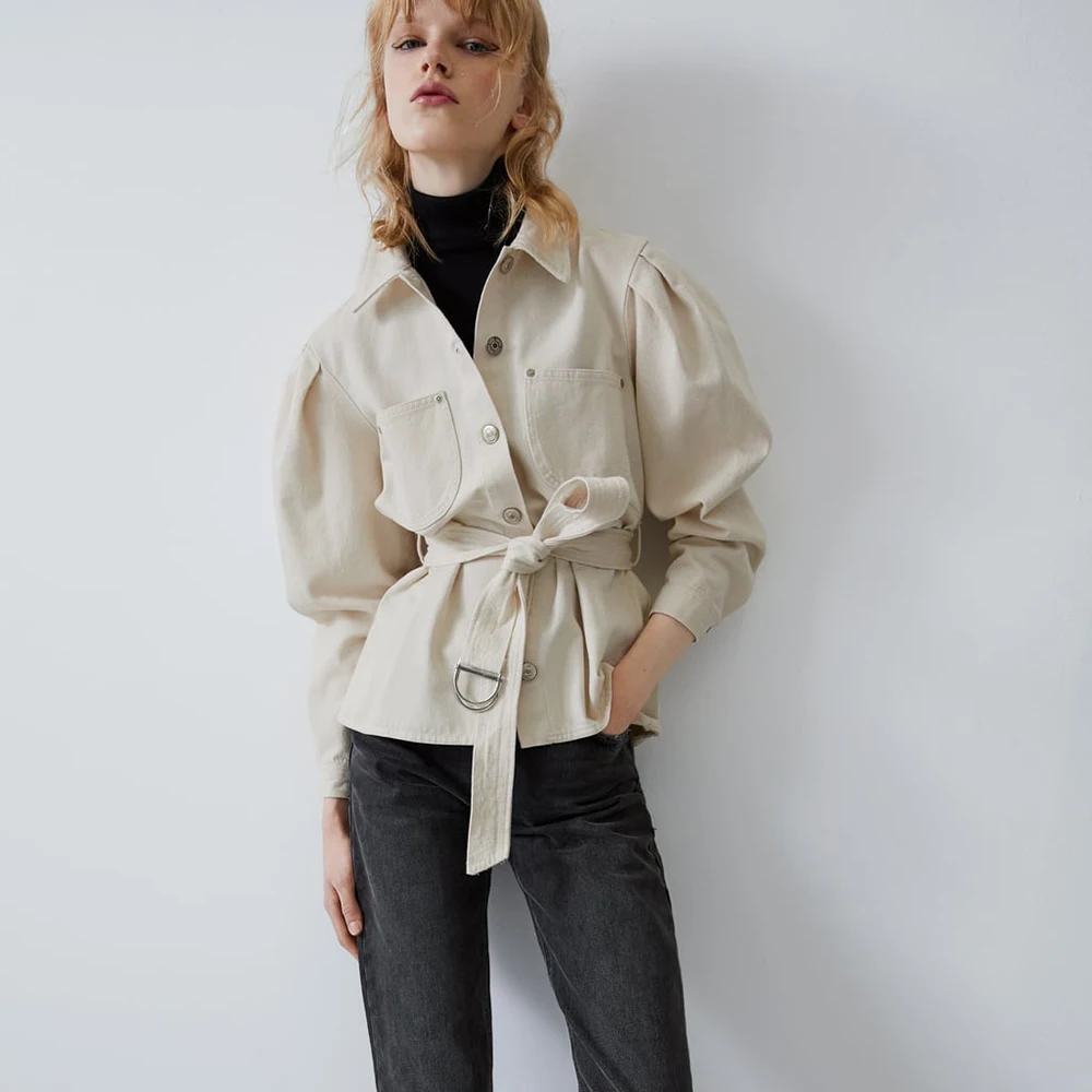 

With Belt and Pocket ZA Jacket Coat Long Sleeve Fashion Loose White Women's Autumn and Winter Fashion Coat No Cap Button Coat