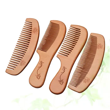 

4pcs Wood Comb Natural Carved Peach Wood Anti-static Portable Massage Handle Wide Serration Fine Serration Combs