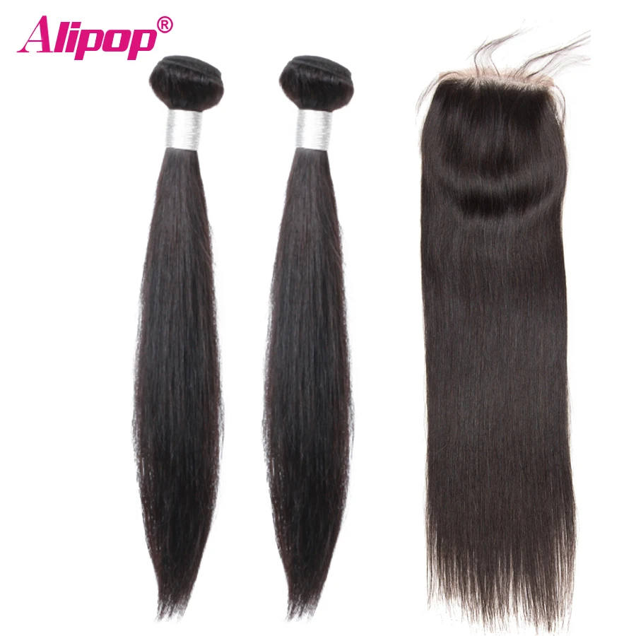 

Straight Peruvian Hair Bundles With Closure ALIPOP 2 Bundles With Human Hair Closure 4*4 Top Lace Closure Remy Hair Extension