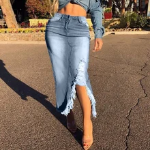 

High Waist Ripped Split Denim Distressed Fashion Jeans Elastic Bodycon Long Skirt Women Trendy Retro Washed Irregular Skirts