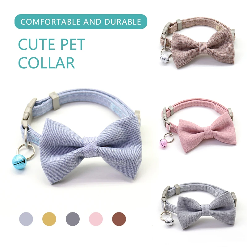 Adjustable Dog Collar Cute Bow Girl Necktie With Bells Cotton Bowknot