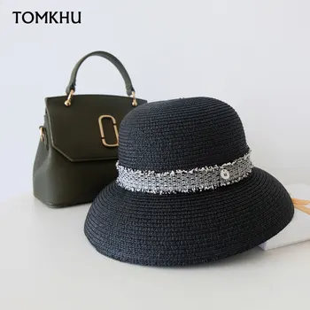 

New Hepburn Basin Black Hat Straw Hat Female Summer Small Fresh Beach Hat Seaside Holiday Fashion Anti-UV Travel Casual Cap