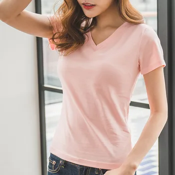 

Women's V-neck Slim T-shirt Cotton Short Sleeve Bottoming Shirt