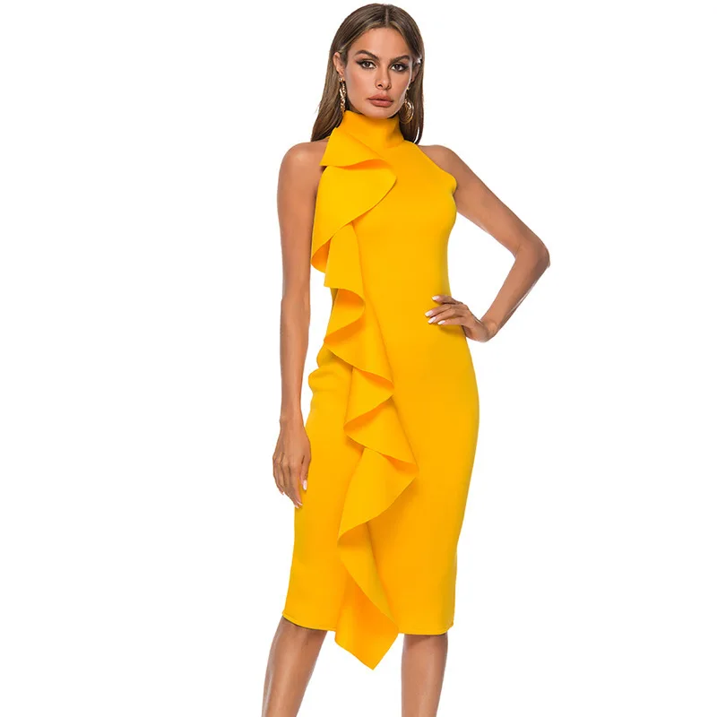 

Elegant Sleeveless Dress Women Pencil Dress Party Ruffles Design Summer Midi Slim Bodycon Dress Office Ladies Formal Work Wear