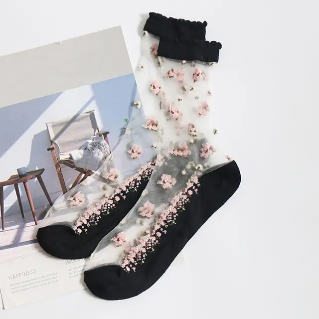 Fashion Elastic Socks Crystal Glass Silk Ultrathin Lace Literary Sale 1 Pair Summer Transparent Jacquard Short Socks black white