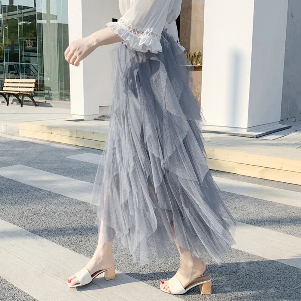 

Korean Style Summer Skirt Girls Sweet Ankle-Length High Waist Plain Mesh Skirt Date Night Designer See Through Pleated Skirts