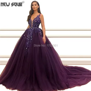 

Sweep Train Beading Evening Dresses Purple New Dubai Long Prom Dress Robe De Soiree 2019 Muslim Turkish Party Gown Arabic Kaftan