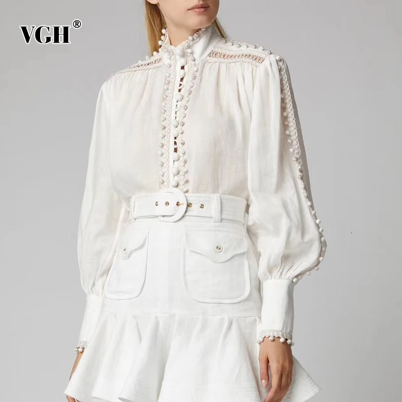 

VGH Patchwork Pearl Women's Shirts stand Collar Lantern Sleeve Hollow Out large size loose casual Blouse Female 2019 Autumn New