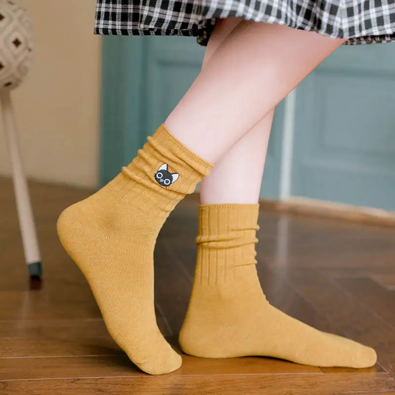 Женские носки осень зима 10 пар Длинные носки из хлопка однотонные женские модные вышитый милый кот носки для девочек