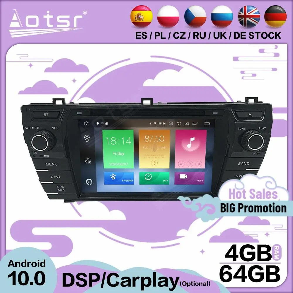 

Carplay мультимедийный стерео плеер Android 10 для Toyota Corolla 2013 2014 2015 2016 GPS BT аудио Радио 2 Din приемник головное устройство