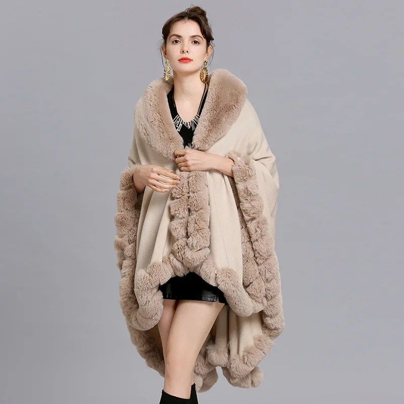 16 Colors Women Cloak Pashmina Batwing Sleeves Shawl Coat Oversize Winter Big Faux Fox Fur Neck Plus Size Poncho Out Streetwear