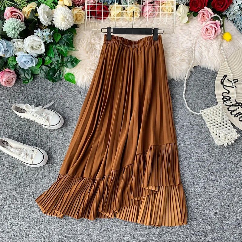 Fashion Elegant Ruffle High Waist Pleated Skirt Women Autumn Winter Irregular Harajuku Skirt Ladies Long Skirt