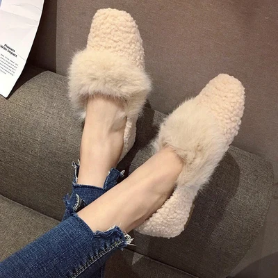 

Korean version of the square head shallow mouth flat lazy wild lamb hair peas shoes women