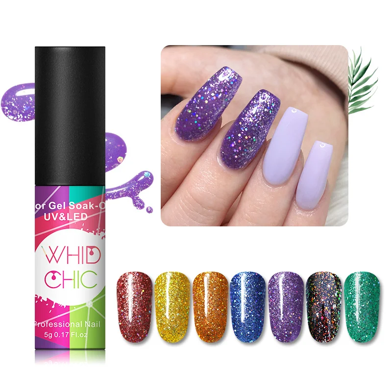 

WHID CHIC 1 Bottle 5ml Colorful UV Gel Nail Polish Starrys Series Bling Purple Sequins Long lasting Soak Off Nail Gel Varnish