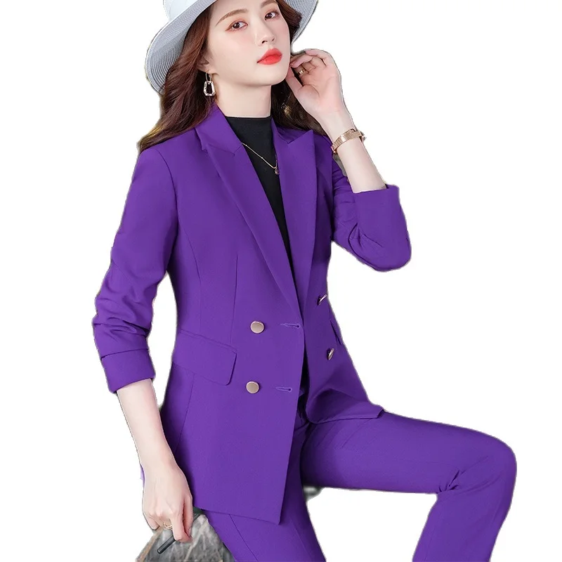 Tailleur Completo Donna Set Ufficio Giacca Blazer Pantaloni Slim Rosa Viola