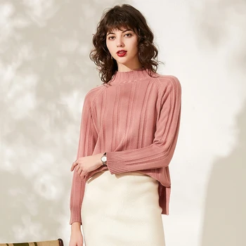 

Wool sweater cashmere women's pullover loose split top shirt wide striped half turtleneck fall winter warm sweaters