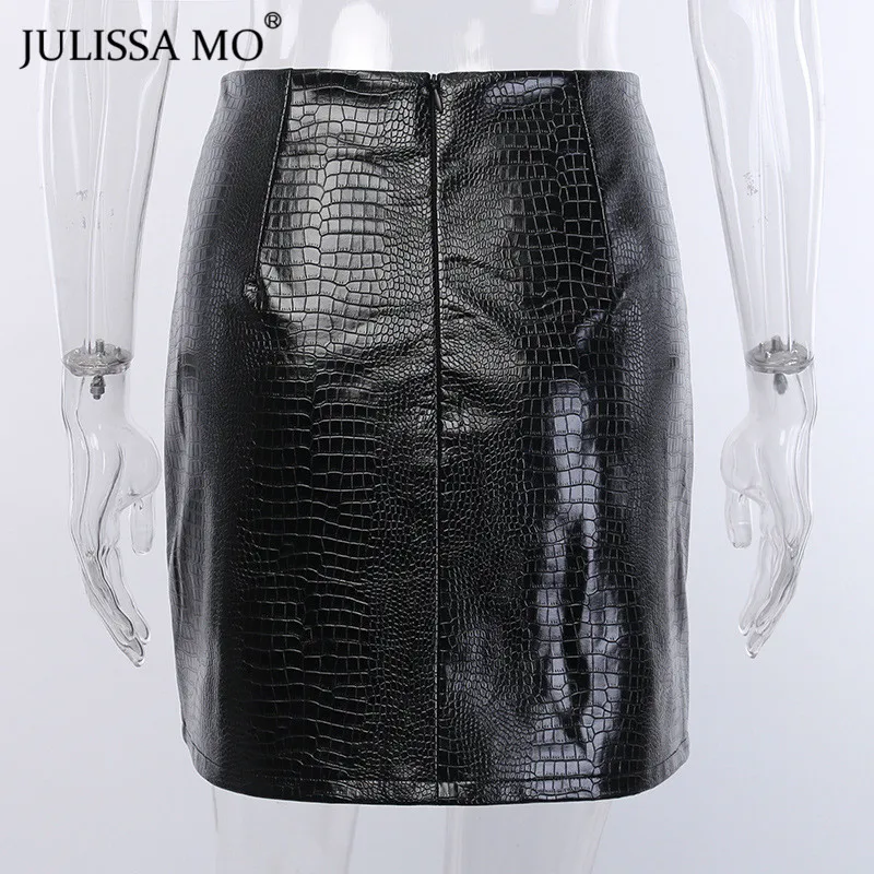 Julissa mo, Черная Женская юбка из искусственной кожи, зимняя, высокая талия, Сплит, а-силуэт, юбки, готический стиль, Крокодиловая Кожа, облегающая мини-юбка, jupe femme