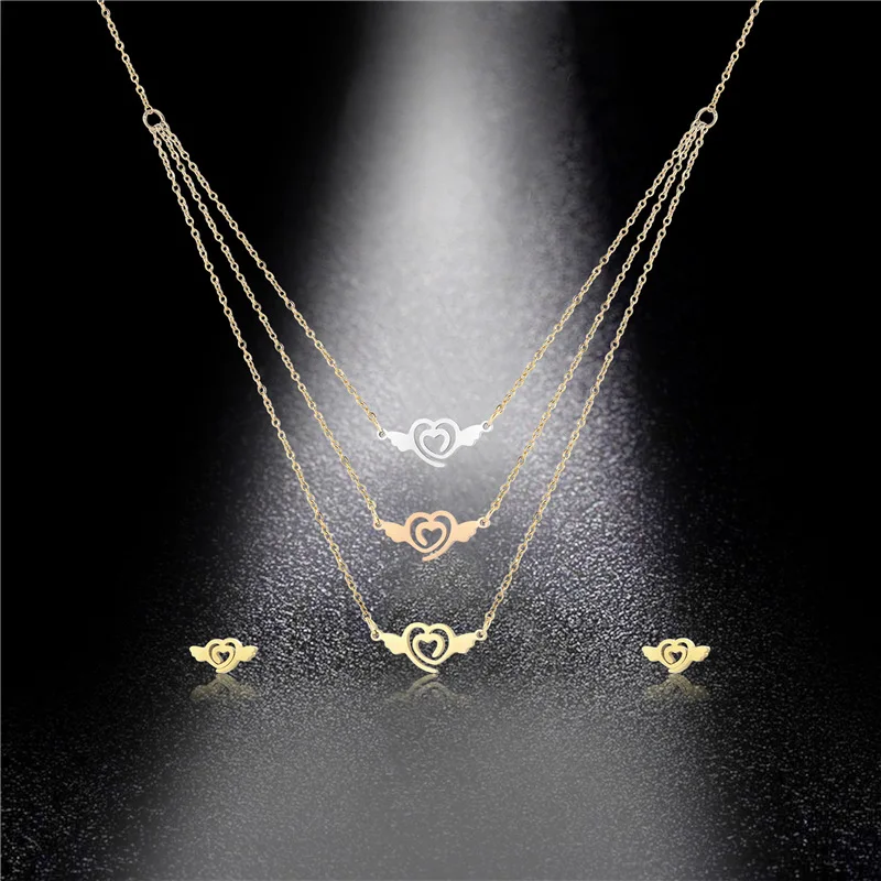 Stainless Steel Three Layer Necklace Angel Love Wings Earring Set Factory Wholesale | Украшения и аксессуары