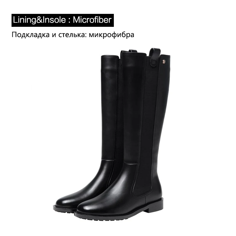 Black microfiber Donna-in/ женские зимние сапоги до бедра; Сапоги выше колена из натуральной кожи на плоской подошве; черные эластичные высокие сапоги на низком каблуке; Botas - Цвет: Black microfiber