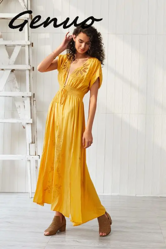 Genuo New New Women Clothes Boho High Waist V Neck Hollow Out Embroidery Short Sleeve Sexy Yellow Elegant Long Dress