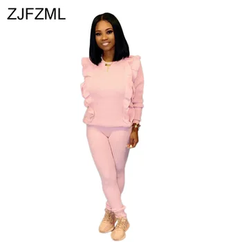 

Causal Solid Two Piece Set Sweatsuit Women Festival Clothing O Neck Full Sleeve Ruffle Top + Long Pants Plus Size Track Suit